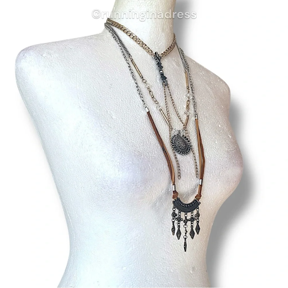 NWT Free People Can't Stand The Rain Layered Necklace In Gold & Brown Suede - Picture 7 of 13